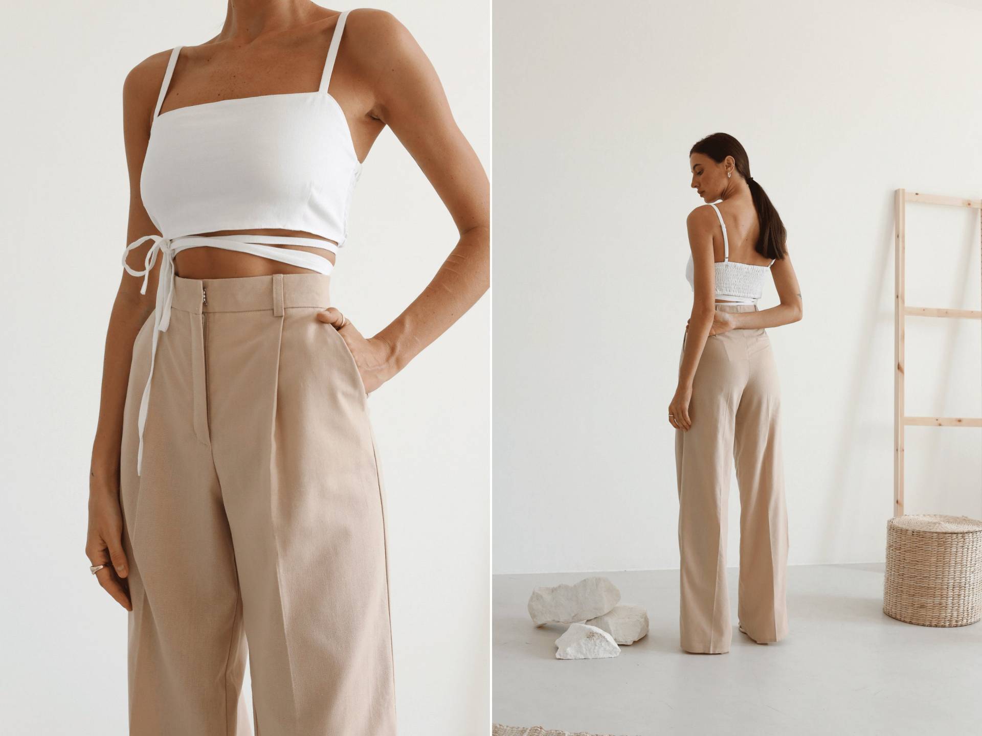 Beige Leinen Palazzo Hose Hoch Taillierte Hose Mit Weitem Bein von HANDMADEGARMENT