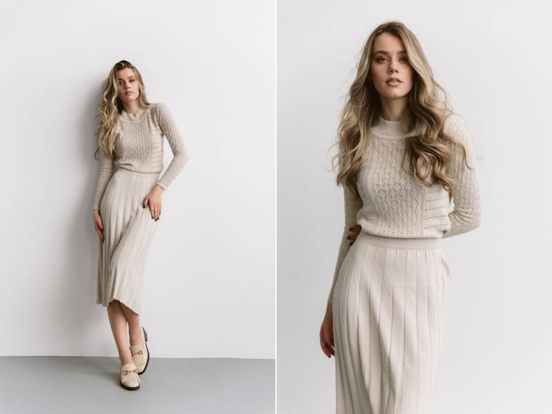 Beiges Strick-Pullover-Kleid Midi-Baumwoll-Faltenrock von HANDMADEGARMENT