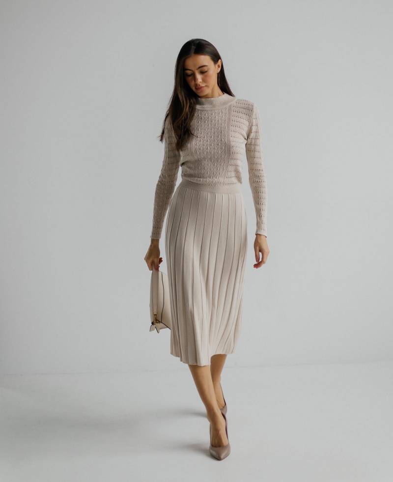 Beiges Strick-Pullover-Kleid Midi-Baumwoll-Faltenrock von HANDMADEGARMENT