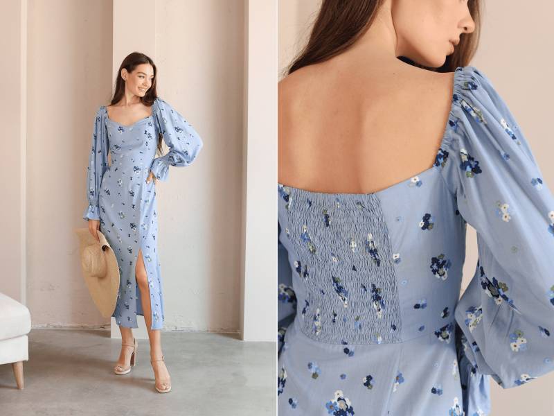 Geblümtes Midikleid Von Milkmaid. Frauen Sommer Sweetheart Neck Blumen Print Puffärmel Split Sommerkleid - Stretchy Umstandskleid von HANDMADEGARMENT