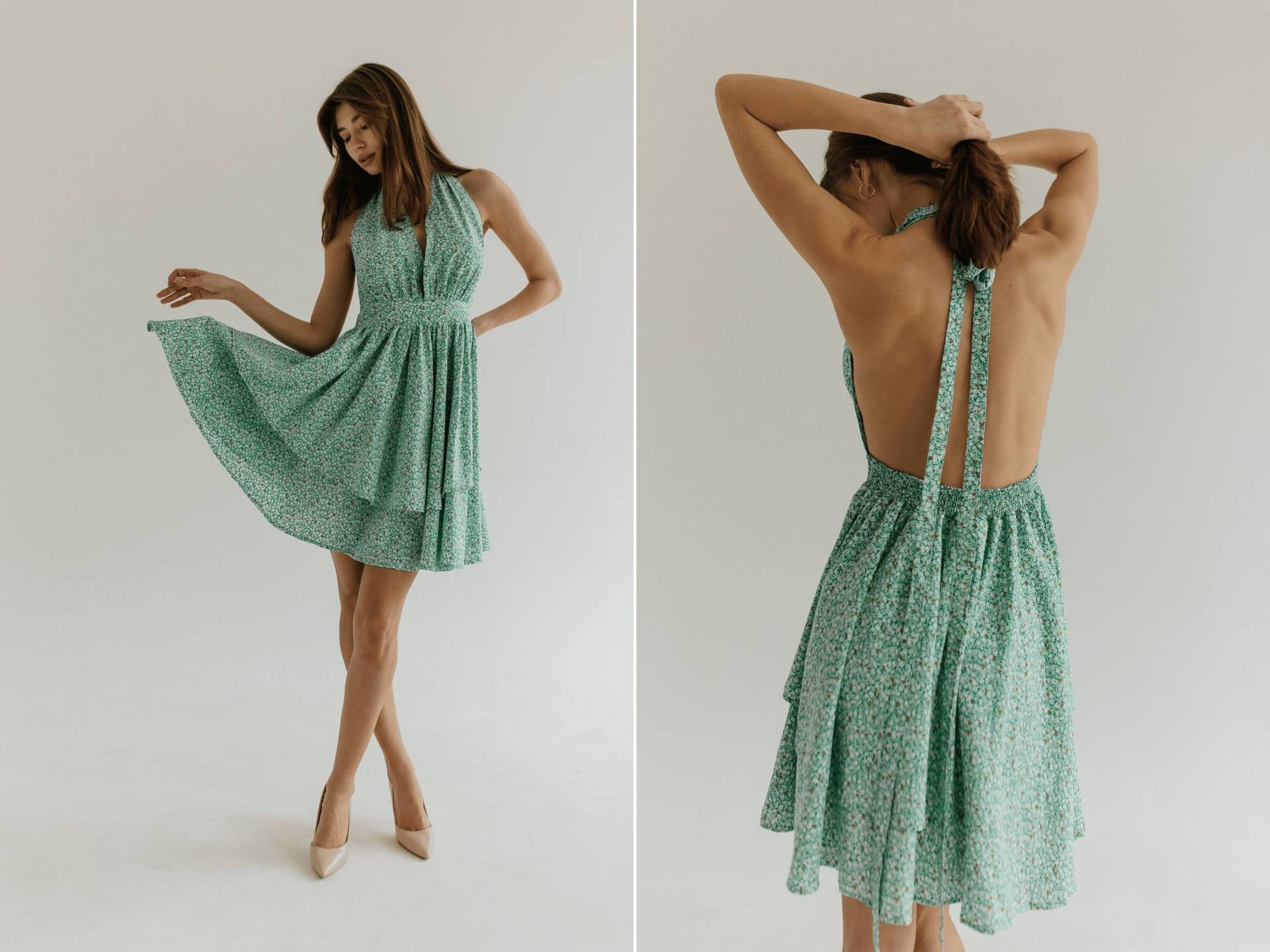 Grün-Blumen-Sommer-Tiefen Ausschnitt Schwimmenden Rock Rückenfrei Cocktailkleid. Abschlusskleid Für Collage von HANDMADEGARMENT