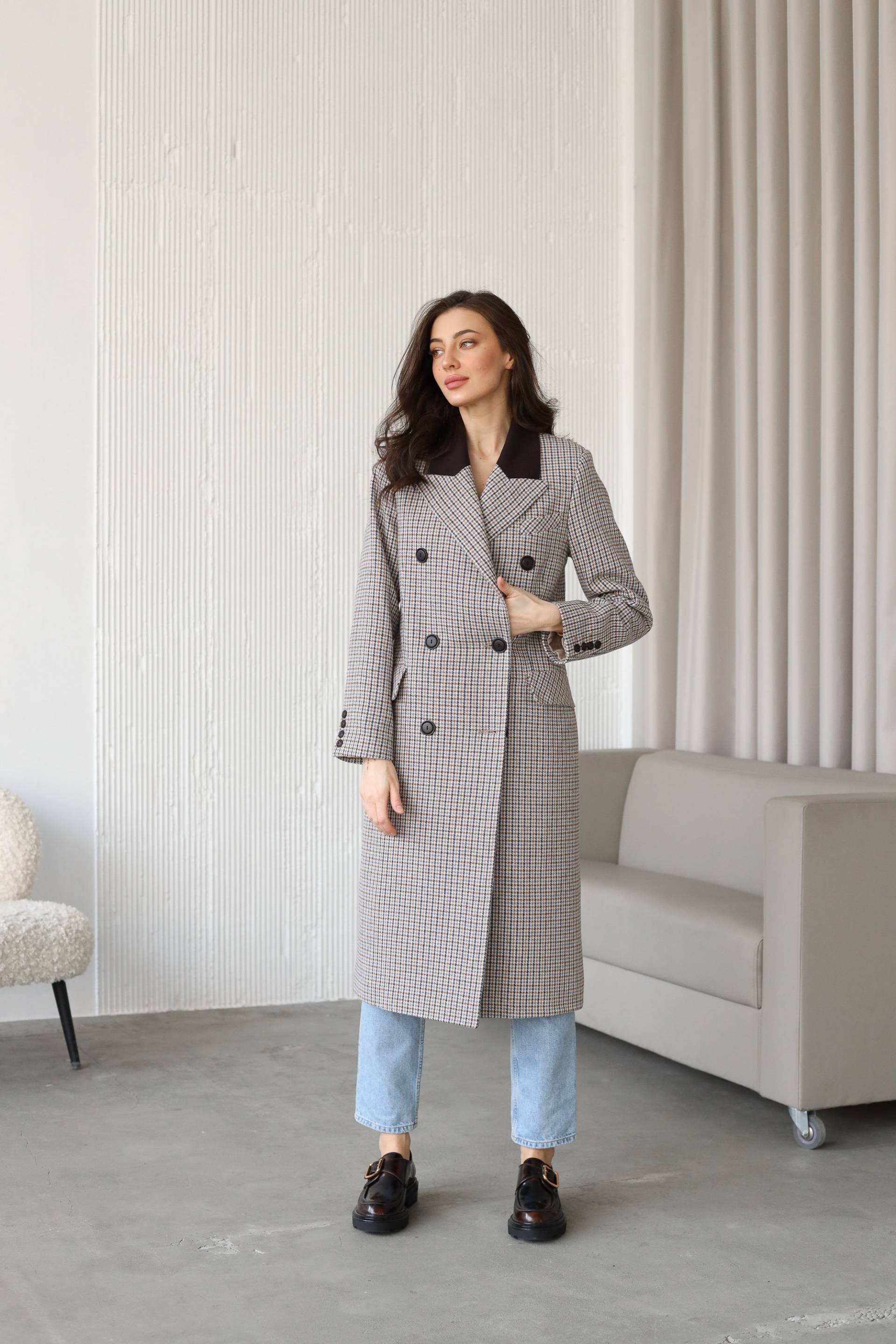 Hahnentritt-Tweedmantel Doppelreihiger Damen-Midimantel von HANDMADEGARMENT