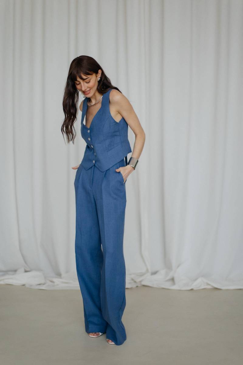 Blaue Leinenweste Palazzo Hose, Hochzeitsgast Outfit Für Damen von HANDMADEGARMENT