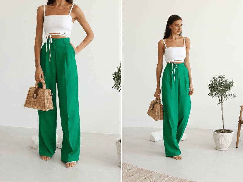 Leinen Palazzo Hose Kelly Green Hohe Taille Hose Mit Weitem Bein von HANDMADEGARMENT