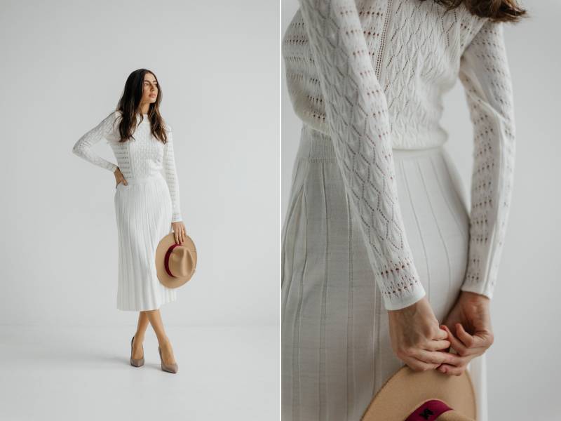 Milchweißes Strick-Pullover-Kleid Baumwollmischgewebe Rollkragen Midikleid von HANDMADEGARMENT