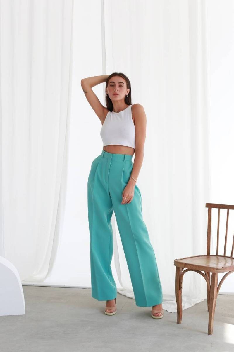 Mintfarbene Palazzohose Mit Hoher Taille Damenhose Weitem Bein von HANDMADEGARMENT