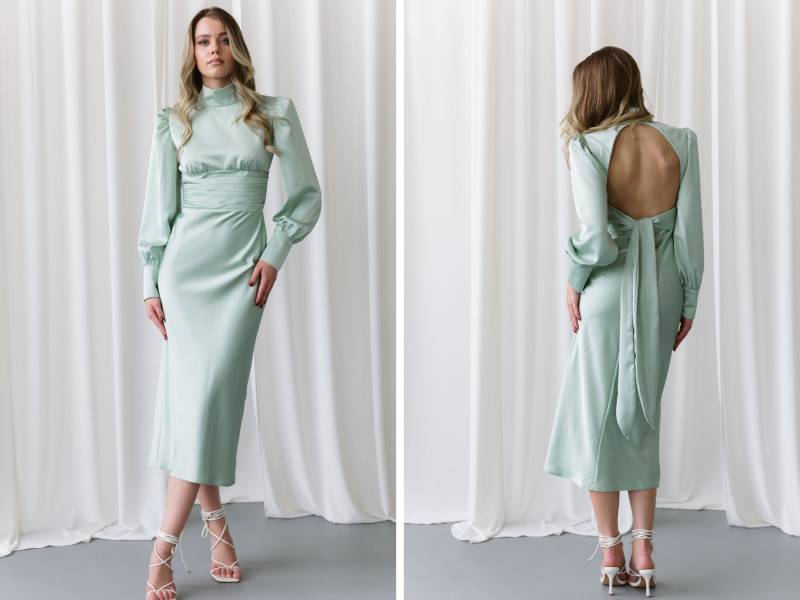 Sage Seide Midi Kleid Offener Rücken Rollkragen, Event Oder Hochzeit von HANDMADEGARMENT