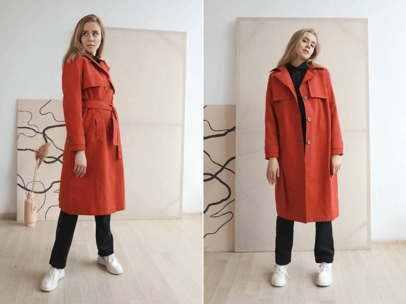 Terrakotta Trenchcoat Mit Gürtel Eleganter Damenmantel von HANDMADEGARMENT