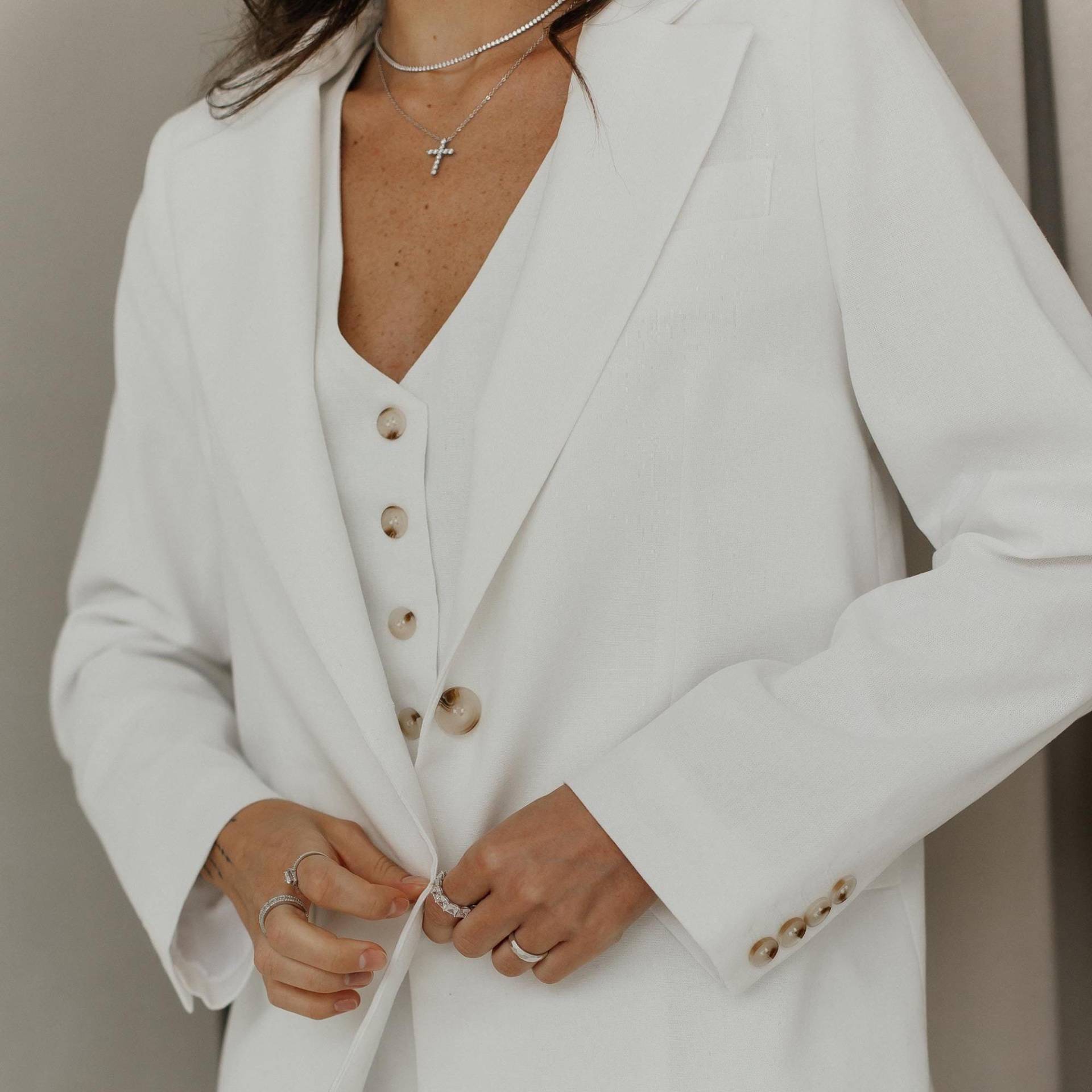 Weißer Leinen 3-Teile Gerade Jacke, Weste & Palazzohose von HANDMADEGARMENT