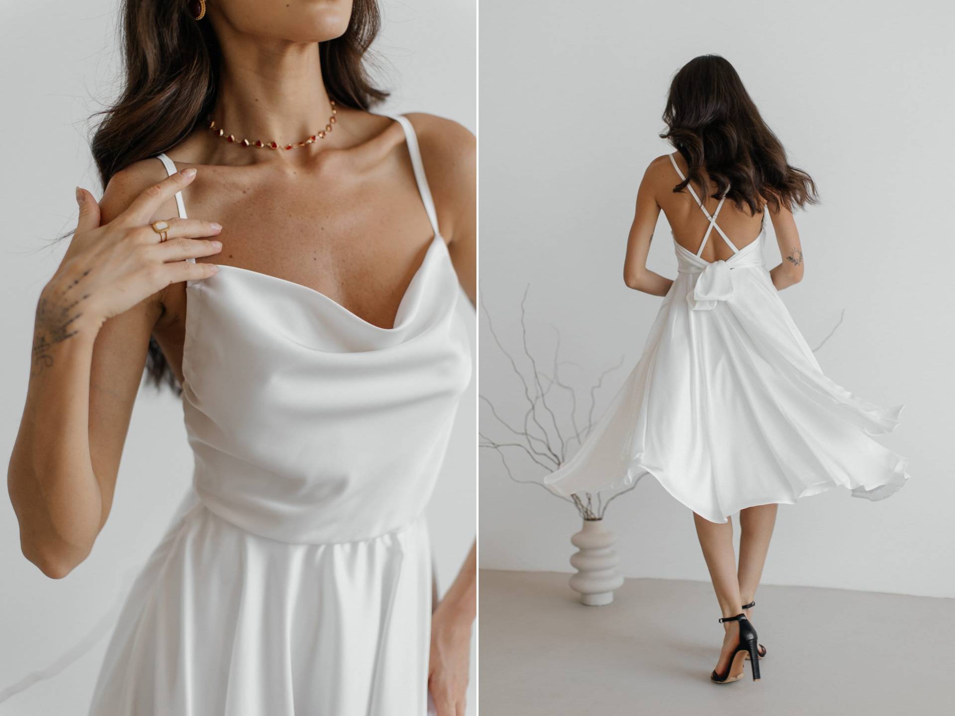 Weißes Rückenfreies Seidenkleid Tellerrock, Schleife - Hochzeitsgast von HANDMADEGARMENT