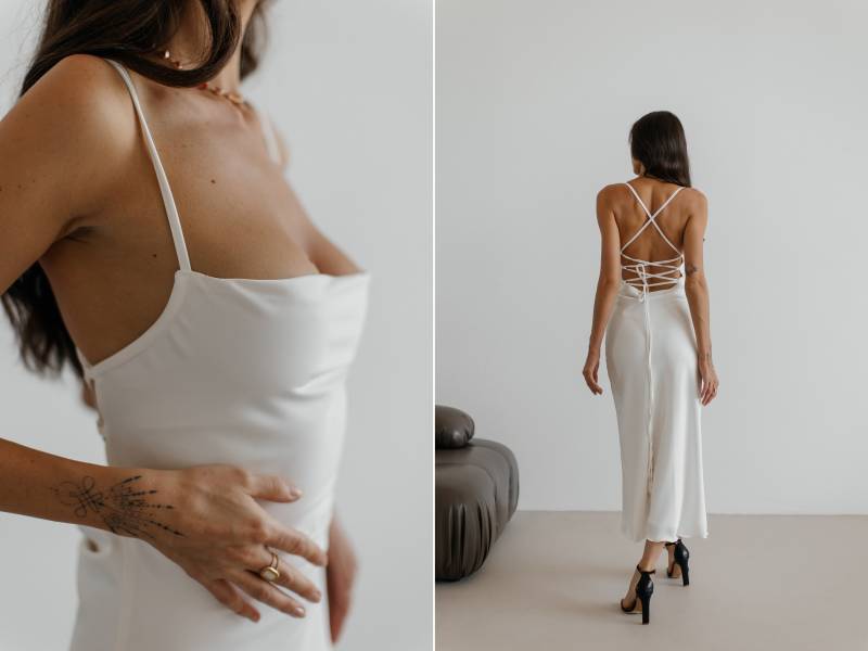 Weißes Seiden-Slipkleid Schnürung, Offener Rücken, Midi-Satin, A-Linie von HANDMADEGARMENT