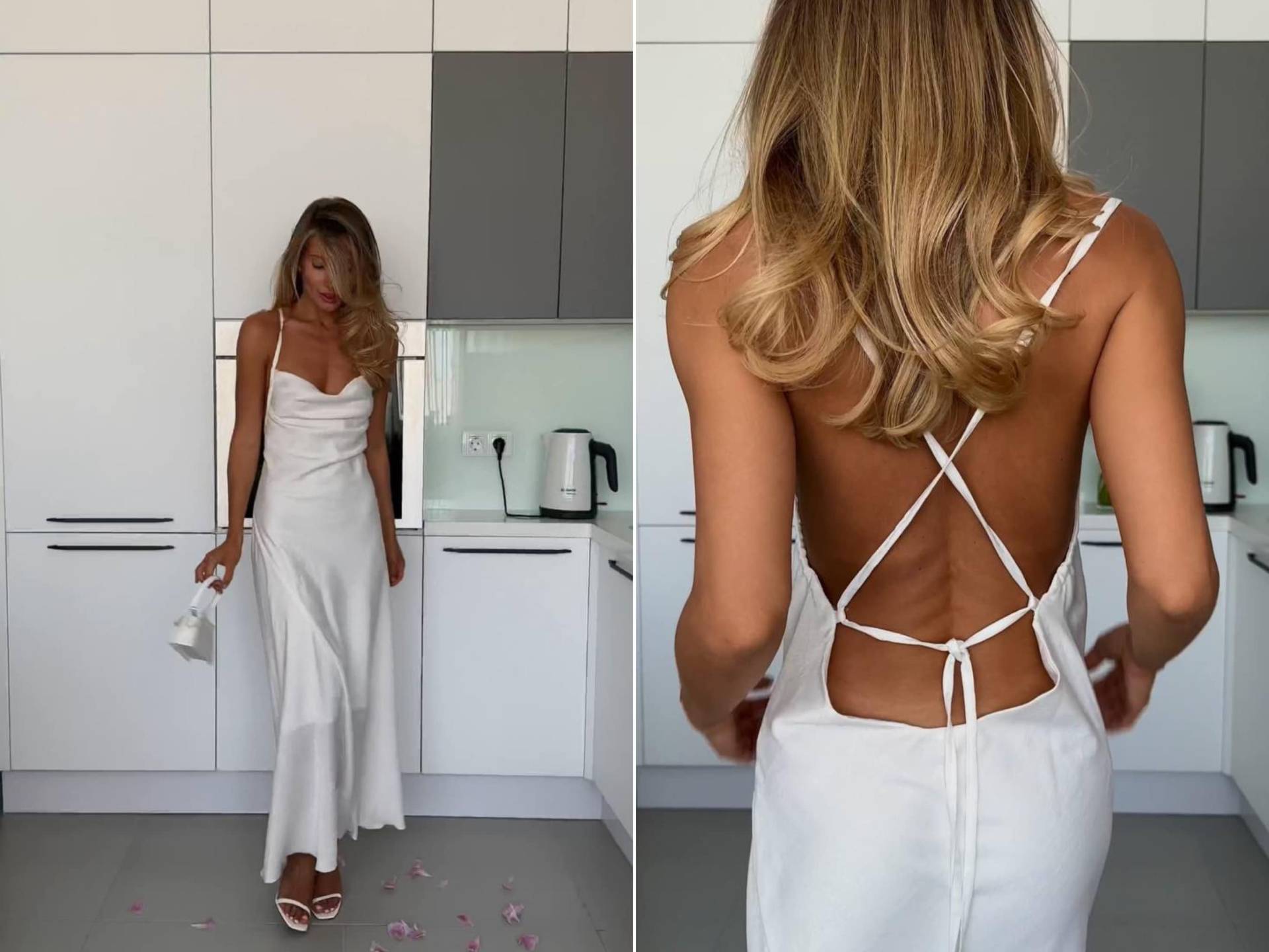 Weißes Seiden-Slipkleid Wasserfallausschnitt, Rückenfrei, Satin-Brautkleid von HANDMADEGARMENT