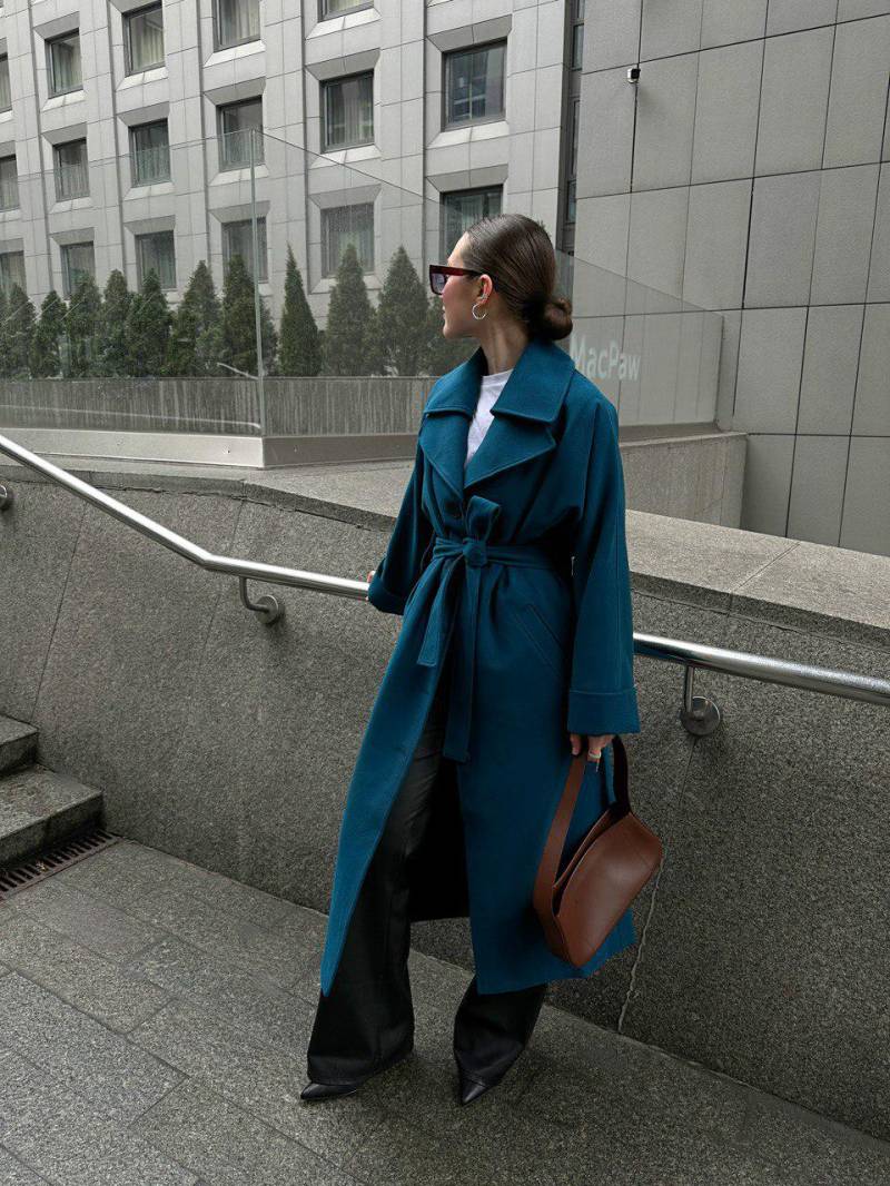 Wollmischung Langer Mantel - Navy Blauer Wickelmantel von HANDMADEGARMENT