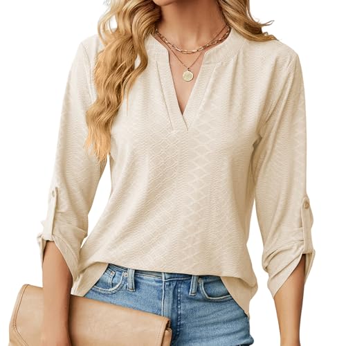 HANERDUN Bluse Damen Langarm V Ausschnitt 3/4 Ärmel Longshirt Oberteile Einfarbig Lässig Frühling Sommer und Herbst Alltagskleidung Bürokleidung von HANERDUN
