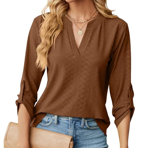 HANERDUN Damen Bluse V Ausschnitt Tops 3/4 Ärmel Oberteile Elegant Jacquardgewebe Hemd Casual Blusen Fashion Solide Tunika von HANERDUN