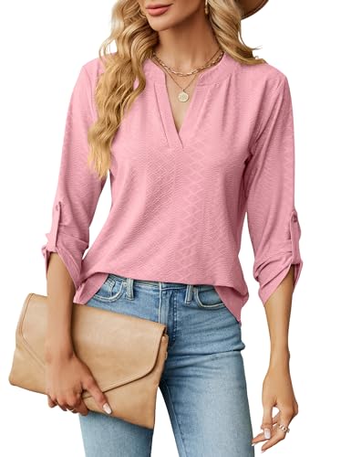 HANERDUN Bluse Damen Langarm V Ausschnitt 3/4 Ärmel Longshirt Oberteile Einfarbig Lässig Frühling Sommer und Herbst Alltagskleidung Bürokleidung von HANERDUN