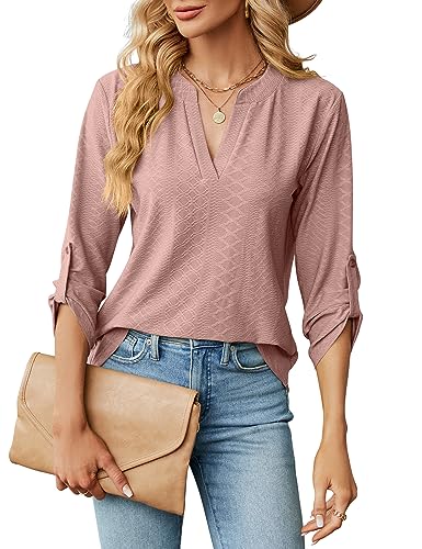 HANERDUN Bluse Damen Langarm V Ausschnitt 3/4 Ärmel Longshirt Oberteile Einfarbig Lässig Frühling Sommer und Herbst Alltagskleidung Bürokleidung von HANERDUN