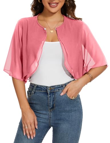 HANERDUN Bolero Damen Festlich Elegant Chiffon Strickjacke 3/4 Ärmel Kurz Schulterjacke Perfekt mit Allerlei Cocktailkleid Abendkleid von HANERDUN