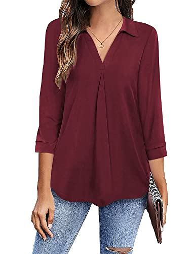 HANERDUN Damen Bluse 3/4 Ärme Langarmshirt Hemden V-Ausschnitt Elegant Casual Shirt Flowy Longshirt Lässige Tops von HANERDUN