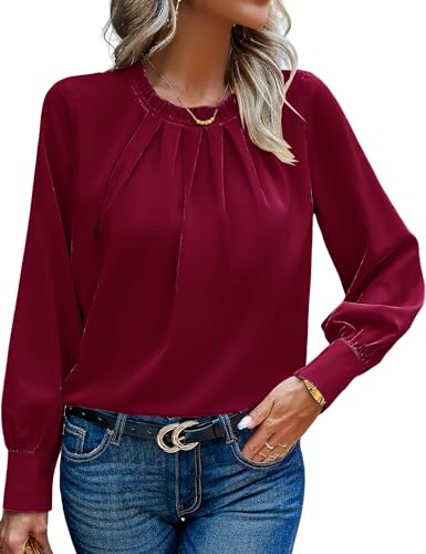 HANERDUN Damen Bluse Chiffon Elegant Blusenshirt Langarm Tunika Falten Stehkragen Tops Casual Oberteile Locker Arbeit Shirts Hemd Streetwear von HANERDUN
