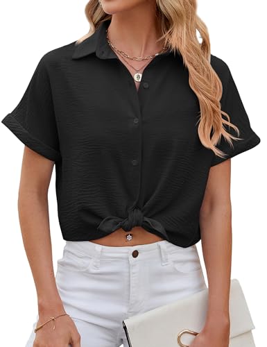 HANERDUN Damen Bluse Chiffon Knöpfen Hemd V-Ausschnitt Elegant Kurzearm Shirts Casual Arbeit Oberteile Summer Tops von HANERDUN