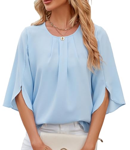 HANERDUN Damen Bluse Flowy Chiffon Blusenshirt Sommer Shirts Elegant 3/4 Arm Kurze Tunika Falten Rundhals Tops Casual Oberteile Locker Hemd Streetwear von HANERDUN
