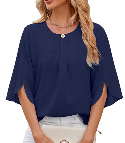 HANERDUN Damen Bluse Flowy Chiffon Blusenshirt Sommer Shirts Elegant 3/4 Arm Kurze Tunika Falten Rundhals Tops Casual Oberteile Locker Hemd Streetwear von HANERDUN