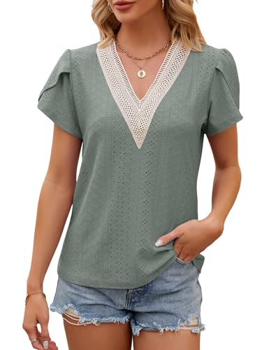 HANERDUN Damen Bluse Kurzarm Shirt Boho V-Ausschnitt Elegant Oberteil Gerüschte-arm Sommer T-Shirt Casual Tops Hohle Bequem und atmungsaktiv von HANERDUN