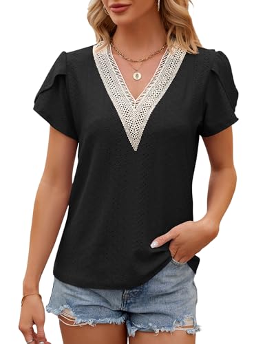 HANERDUN Damen Bluse Kurzarm Shirt Boho V-Ausschnitt Elegant Oberteil Gerüschte-arm Sommer T-Shirt Casual Tops Hohle Bequem und atmungsaktiv von HANERDUN