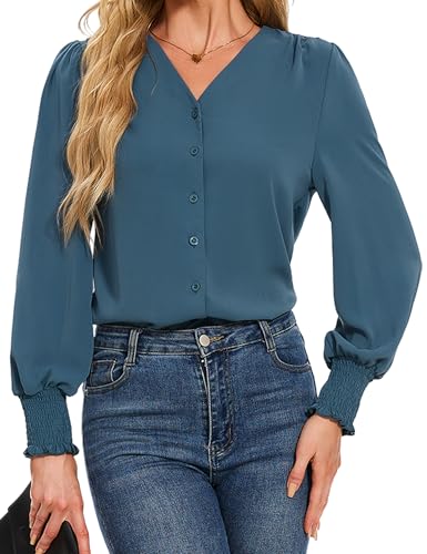HANERDUN Damen Bluse Langarm Chiffon Oberteile Elegant V-Ausschnitt Shirts Einfarbig Lässige Hemdbluse Casual Blusenshirt Locker Arbeit Shirts Hemd für Frühling und Herbst von HANERDUN