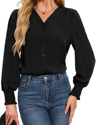 HANERDUN Damen Bluse Langarm Chiffon Oberteile Elegant V-Ausschnitt Shirts Einfarbig Lässige Hemdbluse Casual Blusenshirt Locker Arbeit Shirts Hemd für Frühling und Herbst von HANERDUN