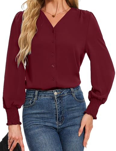 HANERDUN Damen Bluse Langarm Chiffon Oberteile Elegant V-Ausschnitt Shirts Einfarbig Lässige Hemdbluse Casual Blusenshirt Locker Arbeit Shirts Hemd für Frühling und Herbst von HANERDUN