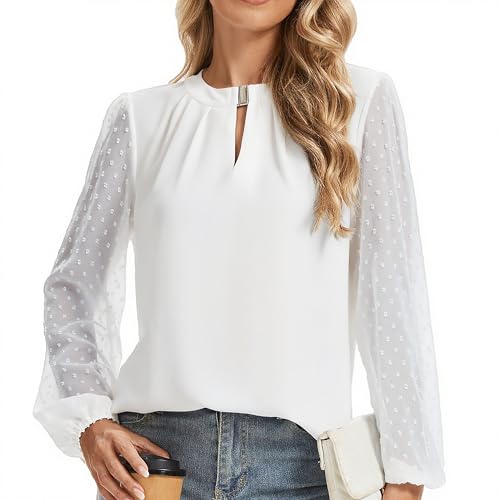 HANERDUN Damen Bluse Langarm mit Spitzen Ärmeln Chiffon Oberteil Rundhals Elegante Hemd Casual Blusen Fashion Tunika für Frühling Sommer von HANERDUN