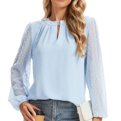 HANERDUN Damen Bluse Langarm mit Spitzen Ärmeln Chiffon Oberteil Rundhals Elegante Hemd Casual Blusen Fashion Tunika für Frühling Sommer von HANERDUN