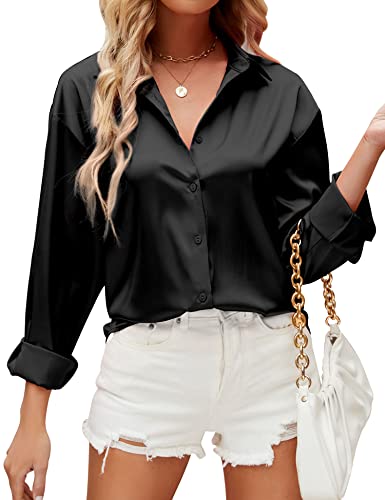 HANERDUN Damen Bluse Langarmshirt V-Ausschnitt Hemd Die Seide Elegant Lässige Oberteile Knopfleiste Arbeit Einfarbig Hemdbluse(BLACK_L) von HANERDUN
