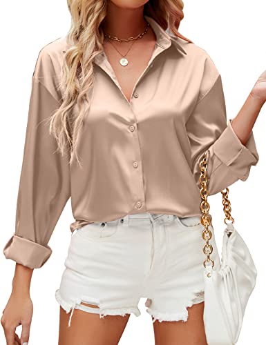 HANERDUN Damen Bluse Langarmshirt V-Ausschnitt Hemd Die Seide Elegant Lässige Oberteile Knopfleiste Arbeit Einfarbig Hemdbluse(Champagne_2XL) von HANERDUN