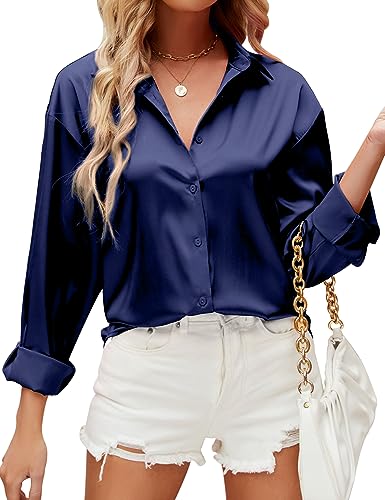 HANERDUN Damen Bluse Langarmshirt V-Ausschnitt Hemd Die Seide Elegant Lässige Oberteile Knopfleiste Arbeit Einfarbig Hemdbluse(NAVYBLUE_2XL) von HANERDUN