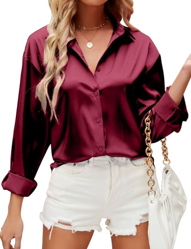 HANERDUN Damen Bluse Langarmshirt V-Ausschnitt Hemd Die Seide Elegant Lässige Oberteile Knopfleiste Arbeit Einfarbig Hemdbluse(WINERED_2XL) von HANERDUN