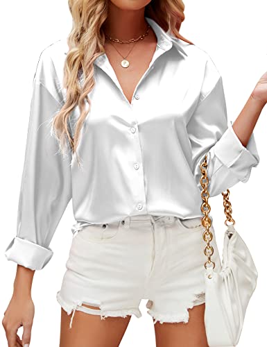 HANERDUN Damen Bluse Langarmshirt V-Ausschnitt Hemd Die Seide Elegant Lässige Oberteile Knopfleiste Arbeit Einfarbig Hemdbluse(White_2XL) von HANERDUN