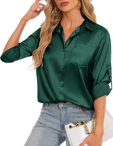 HANERDUN Damen Bluse Langarmshirt V-Ausschnitt Hemd Die Seide Elegant Lässige Oberteile Knopfleiste Arbeit Einfarbig Hemdbluse von HANERDUN