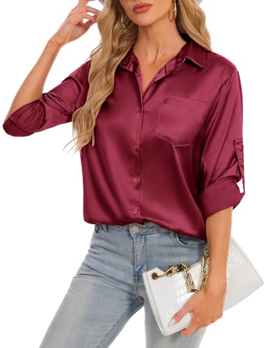 HANERDUN Damen Bluse Langarmshirt V-Ausschnitt Hemd Die Seide Elegant Lässige Oberteile Knopfleiste Arbeit Einfarbig Hemdbluse von HANERDUN