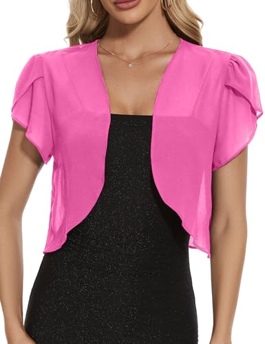 HANERDUN Damen Bolero Chiffon Festlich Kurze Ärmel Elegant Strickjacke Open Front Bolerojacke Schulterjacke Cardigan Leichte Shrug Top von HANERDUN