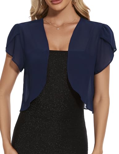 HANERDUN Damen Bolero Chiffon Festlich Kurze Ärmel Elegant Strickjacke Open Front Bolerojacke Schulterjacke Cardigan Leichte Shrug Top von HANERDUN