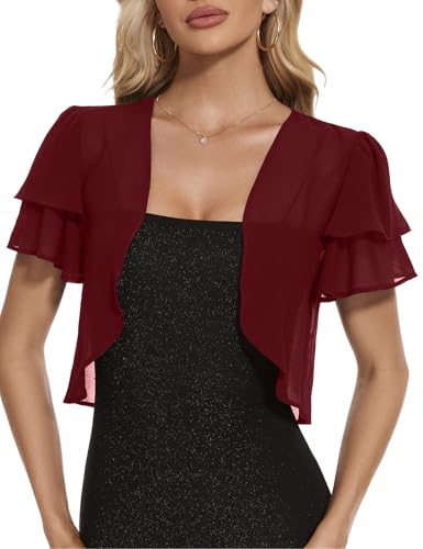 HANERDUN Damen Bolero Elegant Chiffon Kurze Ärmel Shrug Festlich Bolerojacke Open Fron Strickjacke Cardigan Kräuseln Schulterjacke Top von HANERDUN