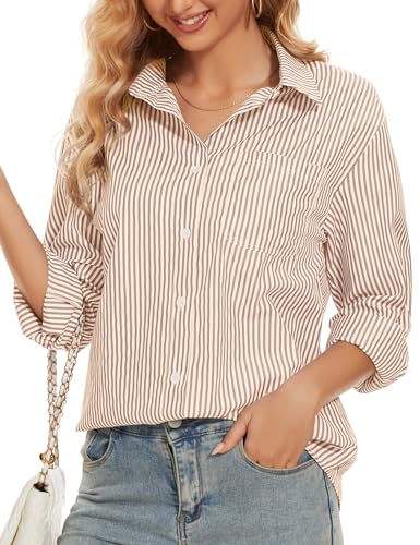 HANERDUN Damen Gestreiftes Hemd Knopfleiste Langarm Bluse Baumwolle Tops V-Ausschnitt Oberteile enthält Taschen Geeignet für Frühling und Herbst von HANERDUN