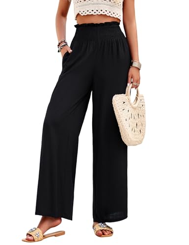 HANERDUN Damen Hosen Casual Leinen Locker Freizeithose Palazzo Hose Weite Leg Hose Sommerhose Hohe Taille mit Taschen von HANERDUN