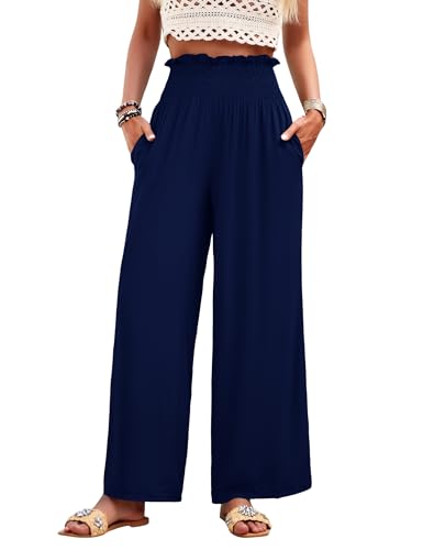 HANERDUN Damen Hosen Casual Leinen Locker Freizeithose atmungsaktiv und faltenfrei Palazzo Hose Weite Leg Hose Sommerhose Hohe Taille mit Taschen von HANERDUN