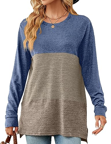 HANERDUN Damen Langarm Oberteil Casual Tops T-Shirt Basic Farbblocktop Longshirt Rundhals Lose Bluse für Frühling und Herbst Zuhause und im Freien von HANERDUN