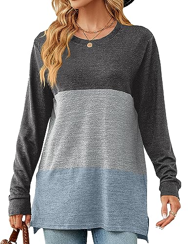 HANERDUN Damen Langarm Oberteil Casual Tops T-Shirt Basic Farbblocktop Longshirt Rundhals Lose Bluse für Frühling und Herbst Zuhause und im Freien von HANERDUN