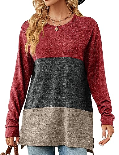 HANERDUN Damen Langarm Oberteil Casual Tops T-Shirt Basic Farbblocktop Longshirt Rundhals Lose Bluse für Frühling und Herbst Zuhause und im Freien von HANERDUN